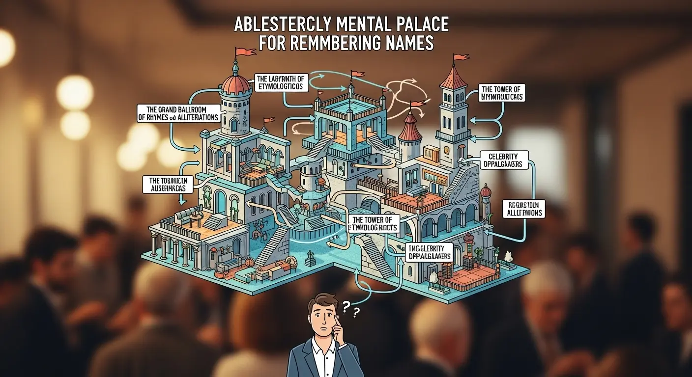A diagram of an absurdly complex mental palace for how to remember names, floating above a person looking confused at a social gathering.