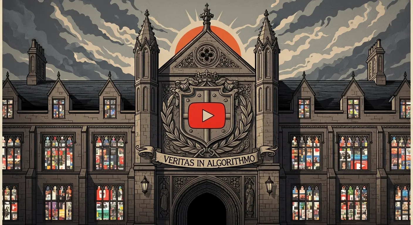 A grand gothic university building with windows as glowing YouTube thumbnails and a crest featuring a play button and the motto 'Veritas in Algorithmo'.