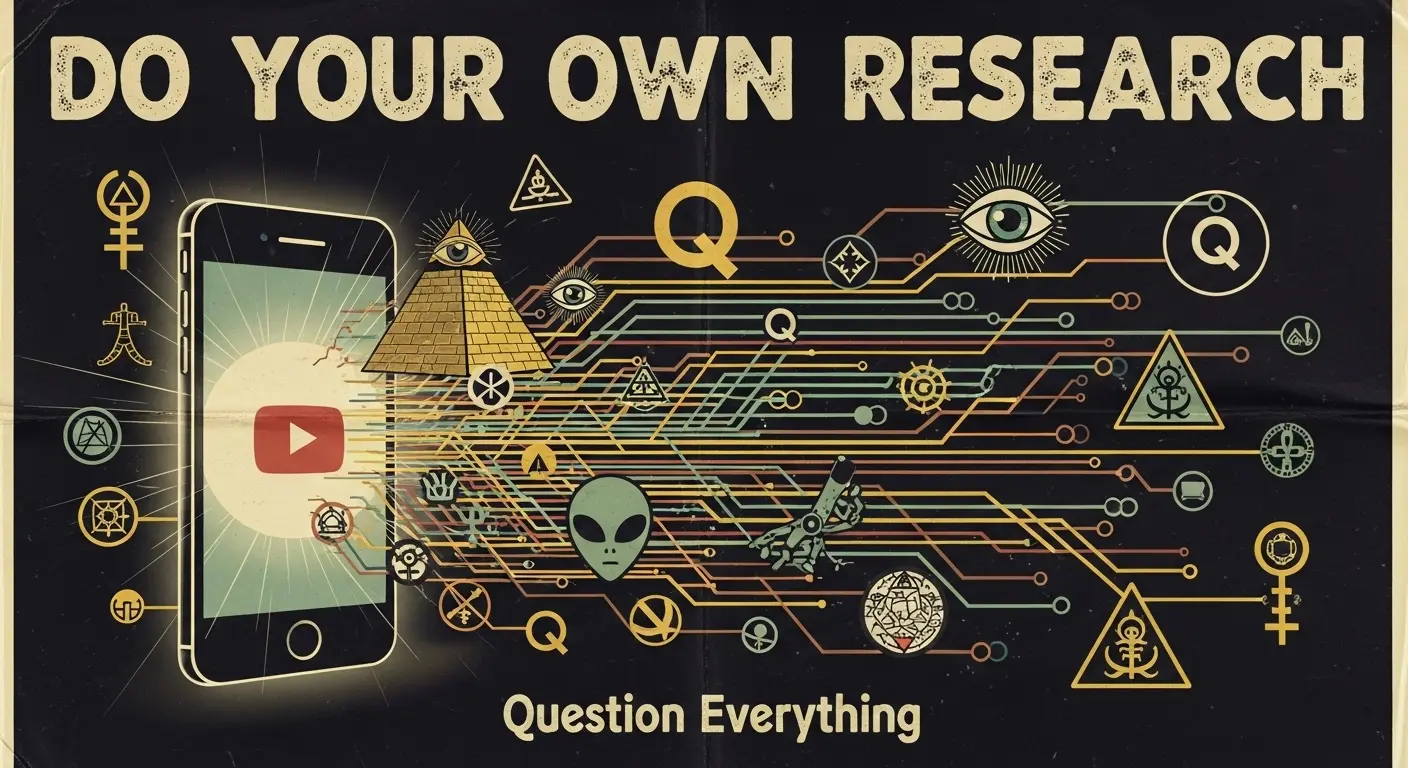 A glowing smartphone screen displaying a YouTube video, with lines of data and conspiracy theory symbols chaotically emanating from it, representing the concept of doing your own research online.