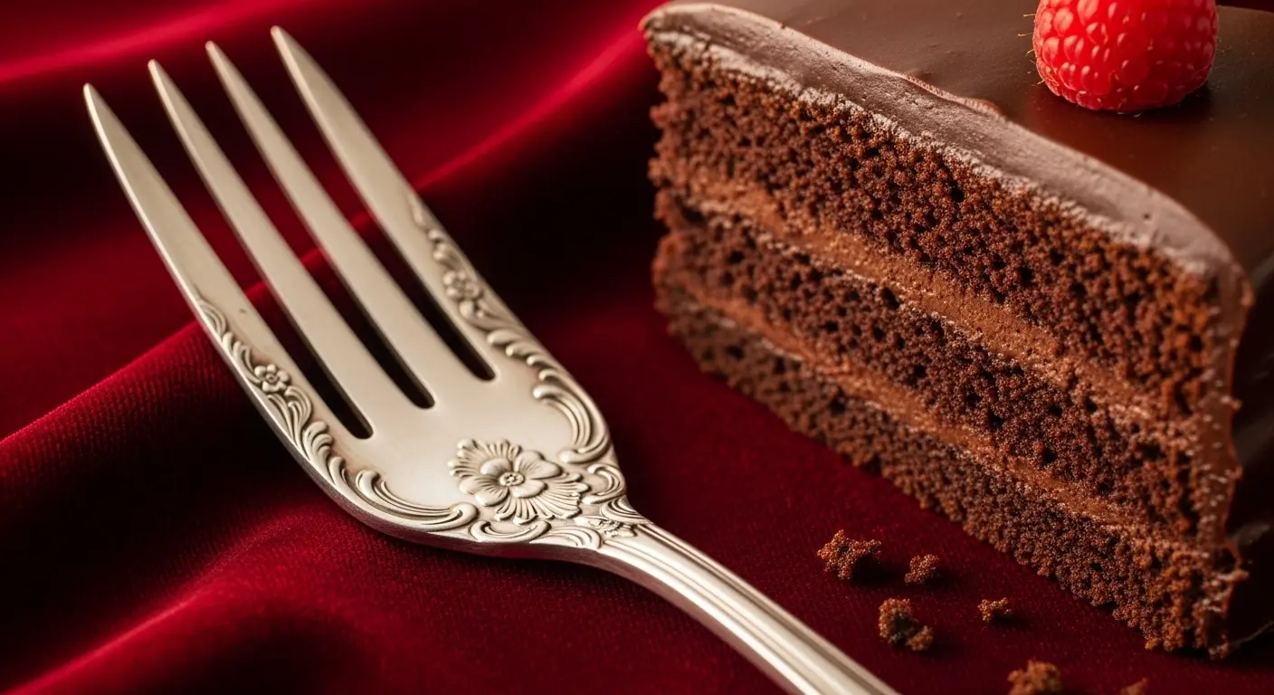 A close-up of an ornate, vintage silver dessert fork resting on a dark velvet cloth next to a rich slice of decadent chocolate cake.