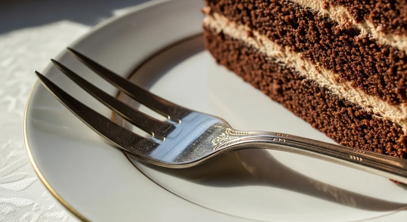 A detailed close-up of an antique silver dessert fork, highlighting its three tines, resting beside a slice of layered cake on a porcelain plate.