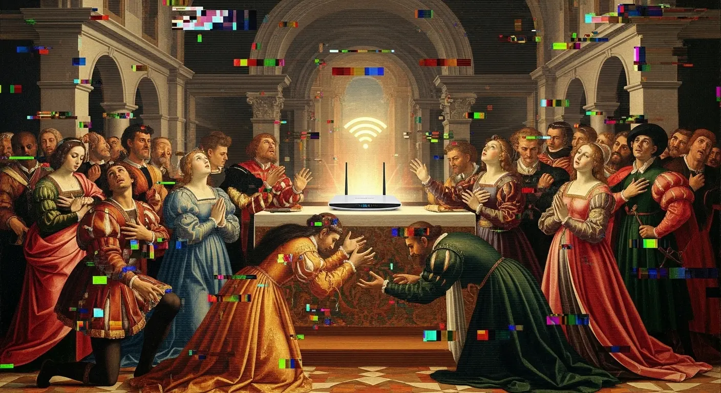 A Renaissance-style painting depicting figures in dramatic poses praying desperately to a glowing Wi-Fi router enthroned on a stone altar.