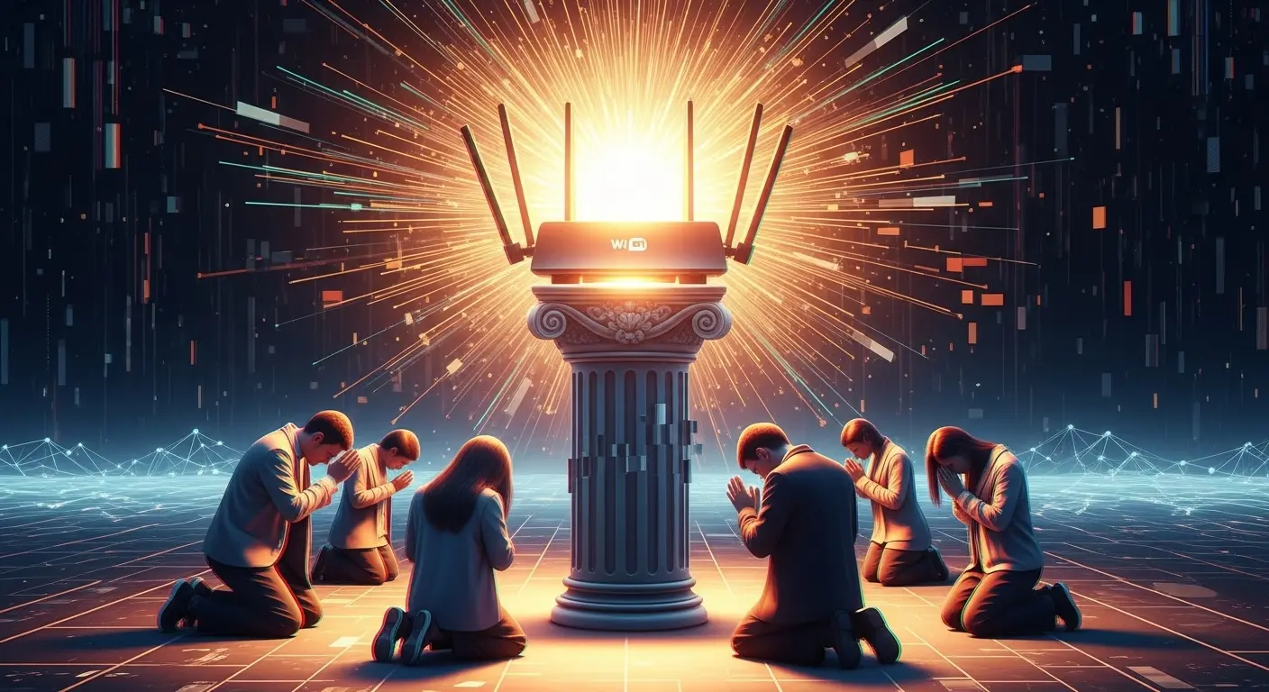A glowing Wi-Fi router on a pedestal like a religious idol, with people in modern clothes kneeling and praying to it, illustrating why wifi is important.