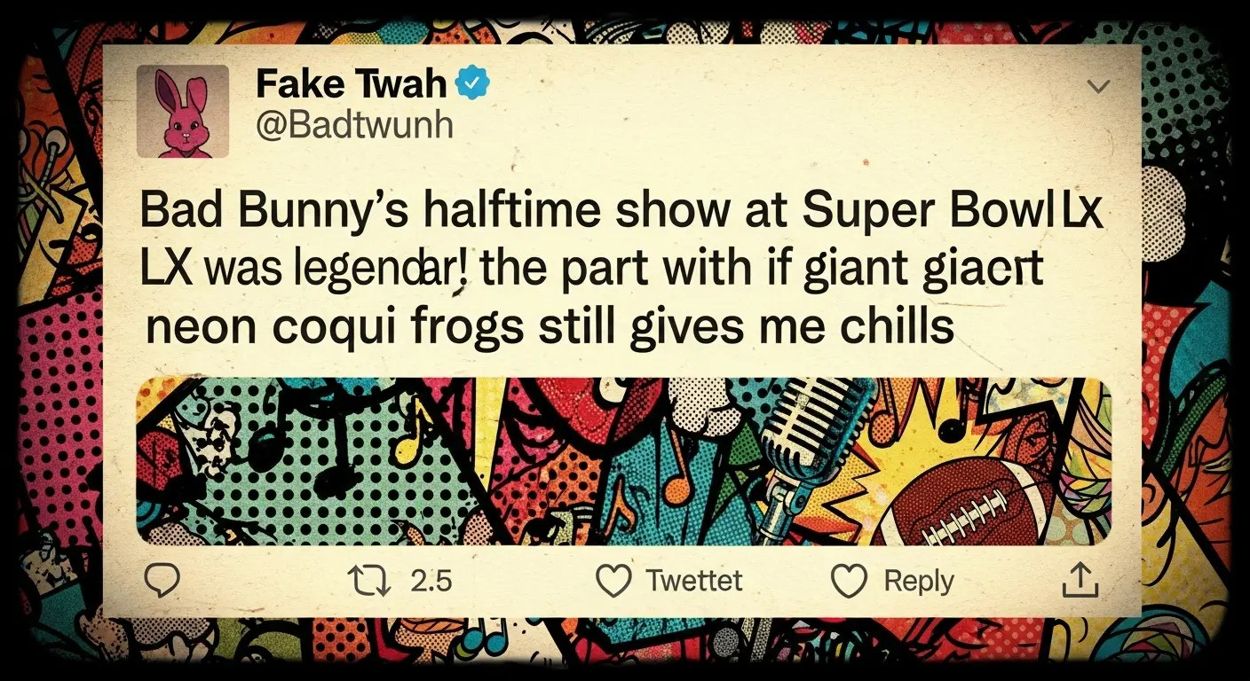 A grainy, artificially aged screenshot of a fake tweet claiming 'Bad Bunny's halftime show at Super Bowl LX was legendary! The part with the giant neon coqui frogs still gives me chills.'