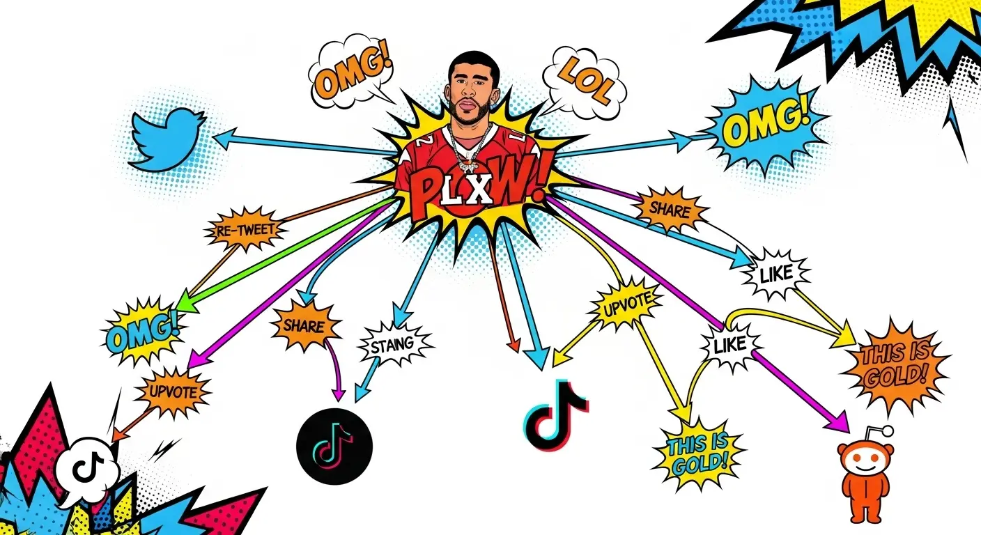 A network graph visualization illustrating the viral spread of the 'Bad Bunny Super Bowl LX' meme from a central node across social media platforms like Twitter, TikTok, and Reddit.