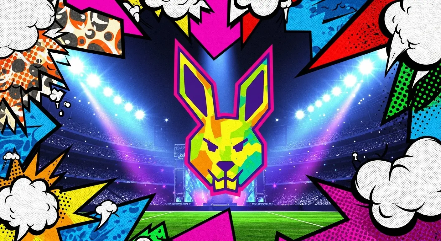 An abstract digital art representation of the Bad Bunny Super Bowl LX meme, showing fragmented images of a stadium stage and a stylized rabbit logo.