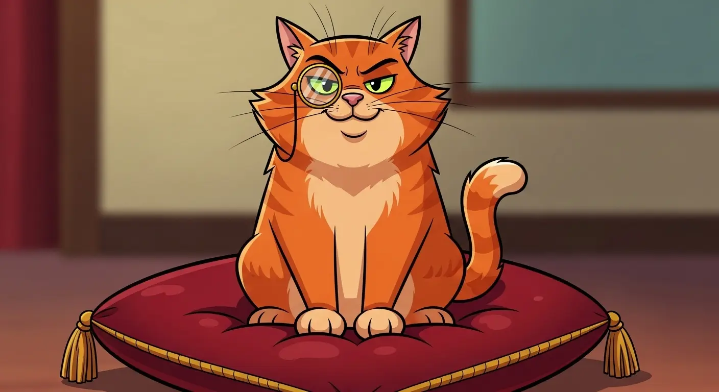 A smug ginger cat wearing a tiny monocle, sitting regally on a plush velvet cushion and looking directly at the camera with an air of superiority.
