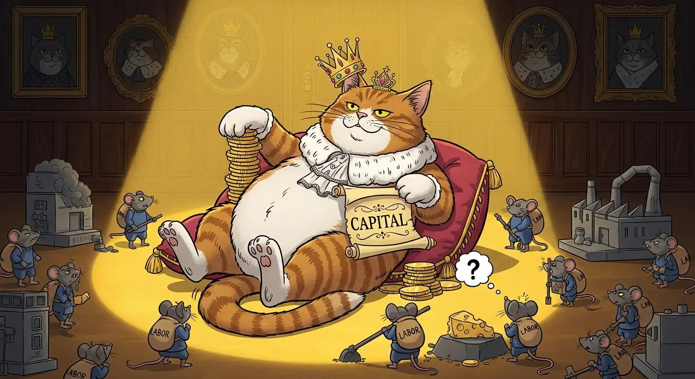 A regal-looking cat lounging in a sunbeam, looking condescendingly at the camera, illustrating the concept of capitalism explained simply.
