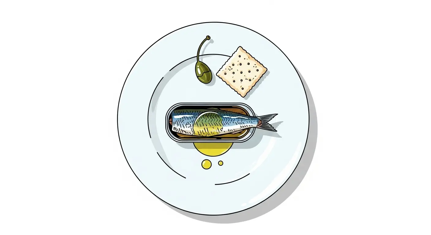 A minimalist overhead shot of a single tinned sardine drizzled with oil on a large white plate, precisely arranged with one artisanal cracker and a single caper.