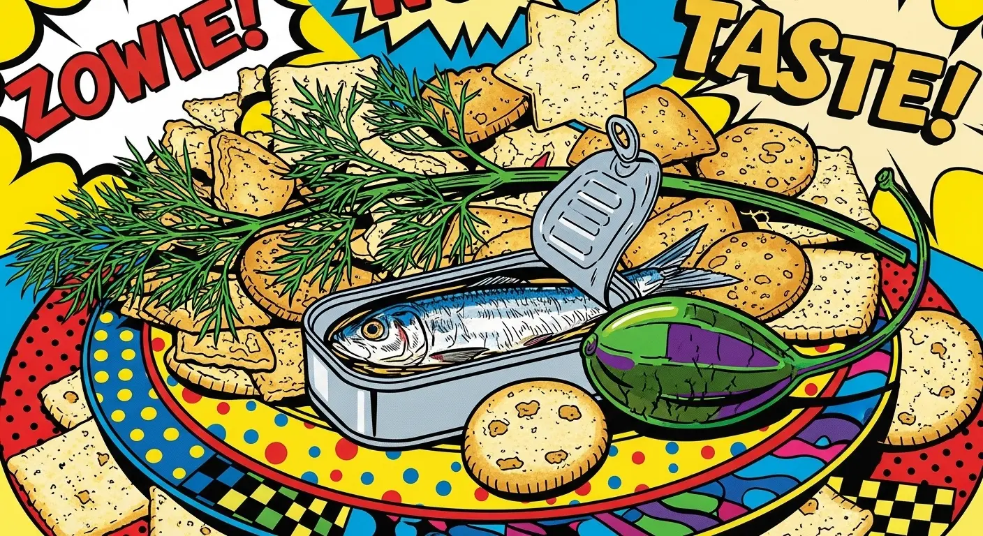 An absurdly elaborate platter featuring a single sardine from a can of tinned fish, surrounded by artisanal crackers, a single caper, and a sprig of dill.