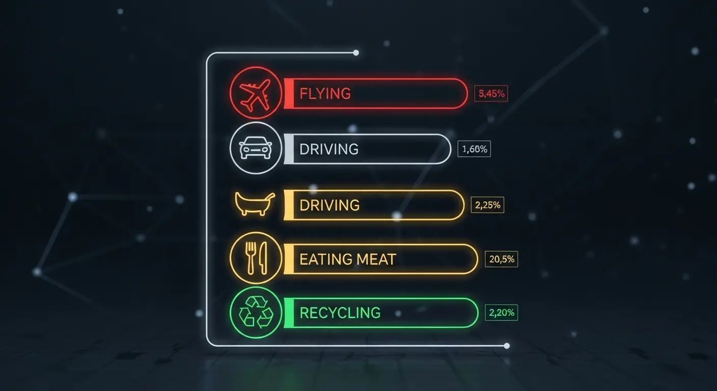 A clean, futuristic data visualization chart ranking the most impactful environmental actions, with icons for flying, driving, eating meat, and recycling.