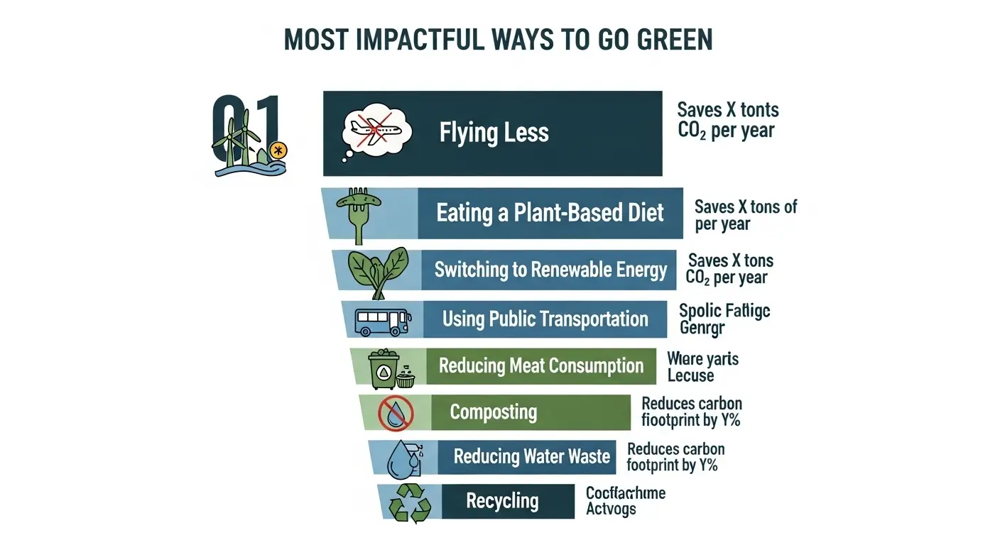 A data visualization chart showing the most impactful ways to go green, ranking actions like flying less and eating a plant-based diet above recycling.