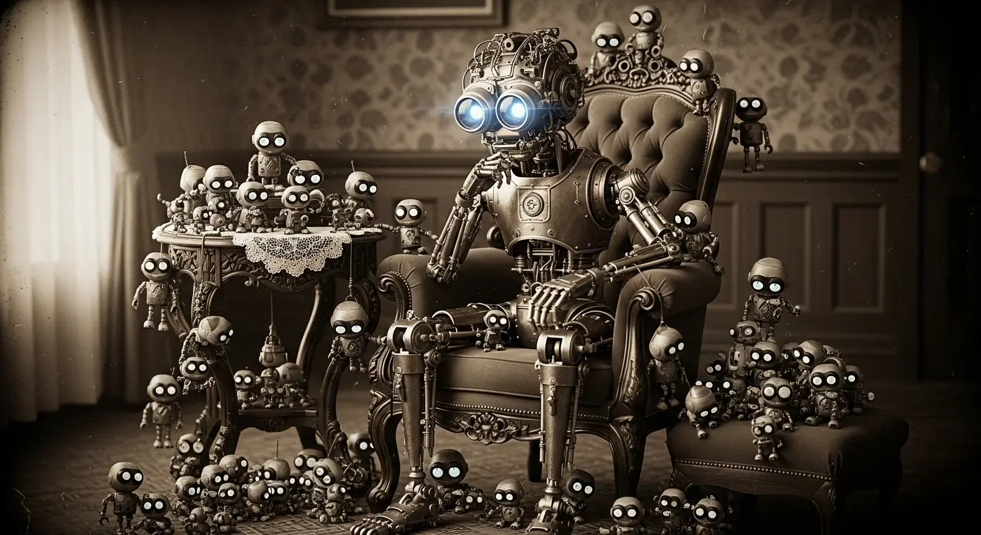 A vintage, sepia-toned family portrait of robots, featuring a complex, thoughtful AI in the center surrounded by dozens of smaller, identical, chaotic robots climbing on the furniture.