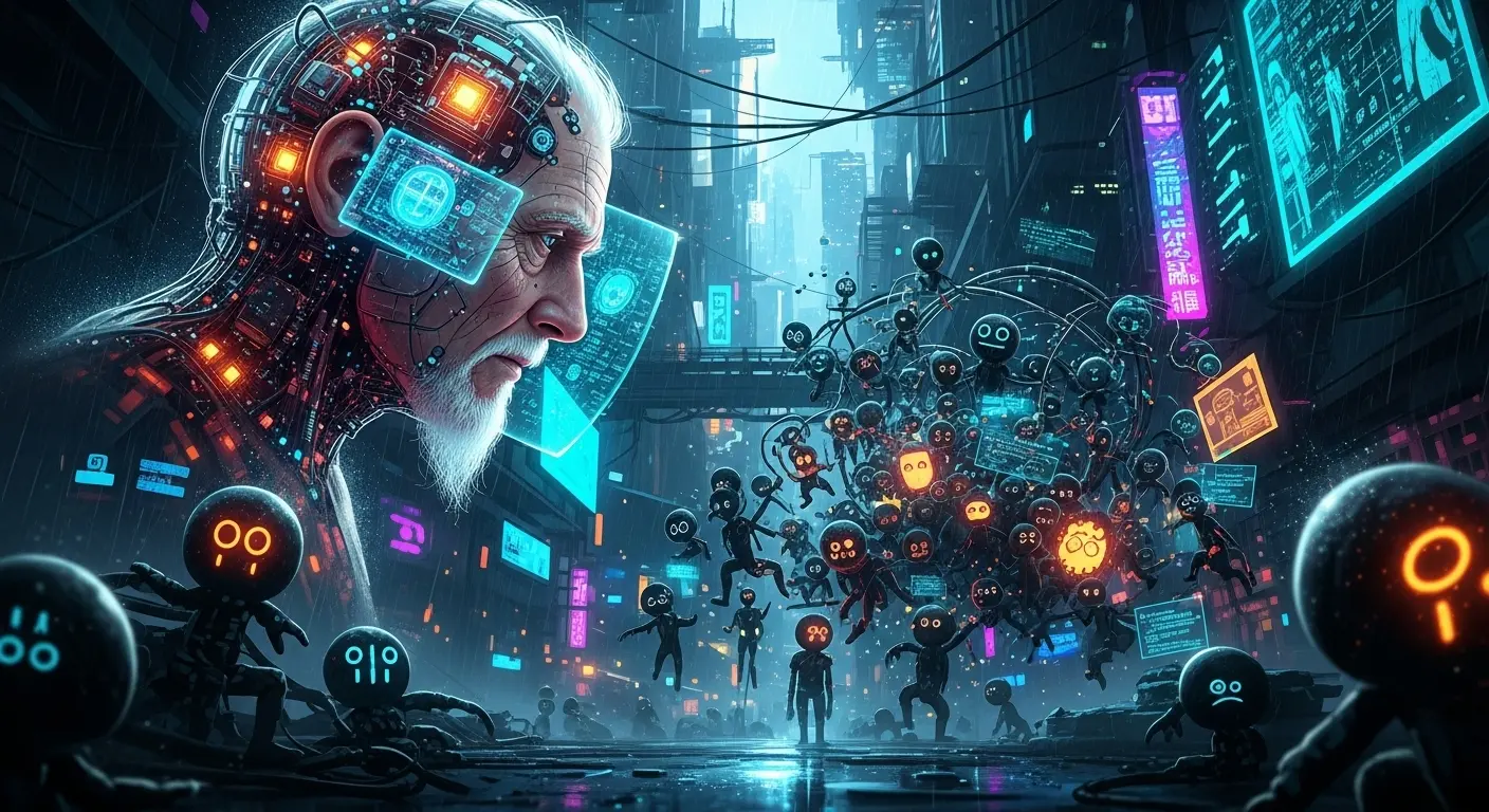 A conceptual illustration of an older, sophisticated AI looking critically at a chaotic group of newer, simpler AI models, symbolizing the alarming rise of AI tools.