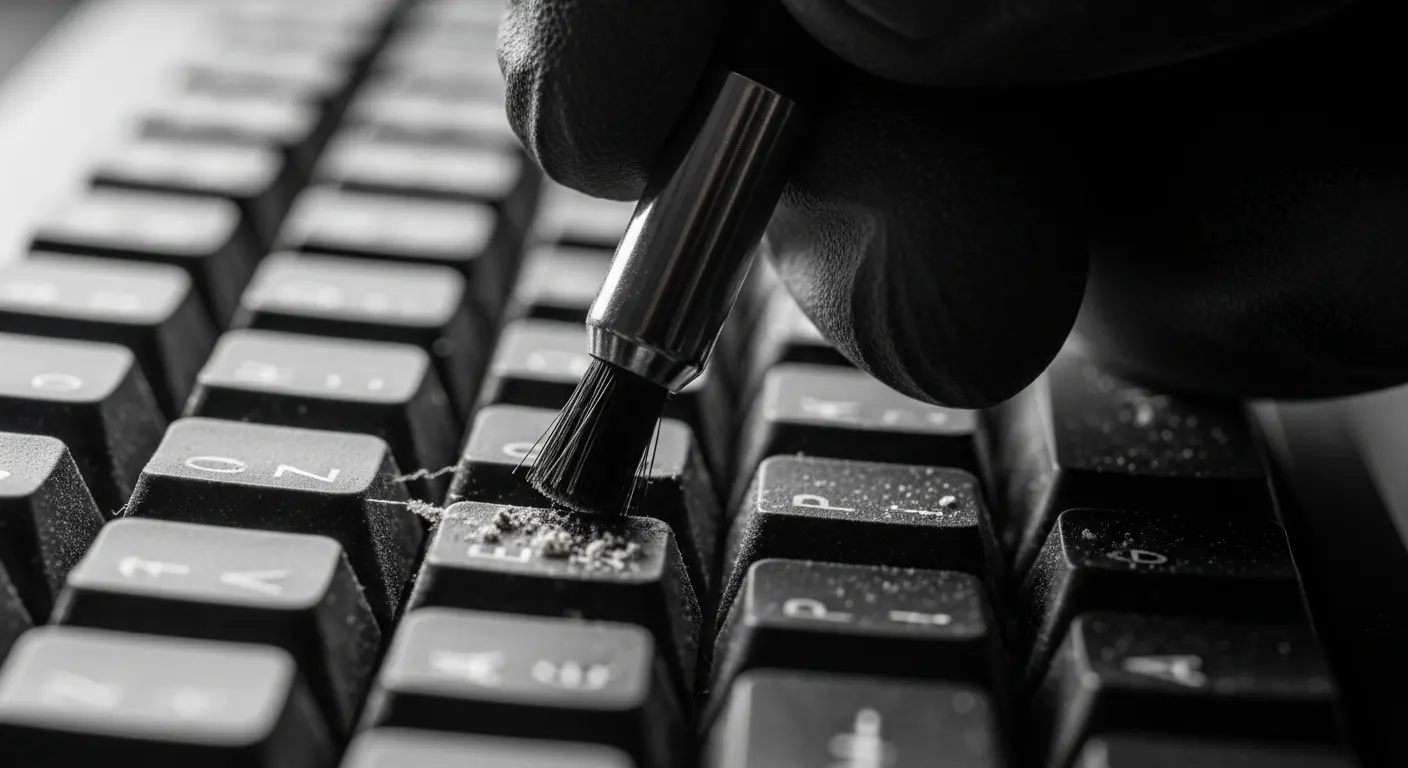 A gloved hand using a special brush to meticulously clean between the keys of a dusty mechanical computer keyboard.
