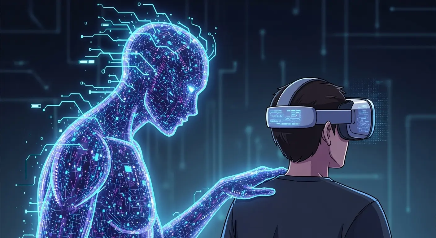 A surreal, cyber-noir illustration of an ethereal figure made of glowing data streams looking over the shoulder of a person wearing a VR headset.