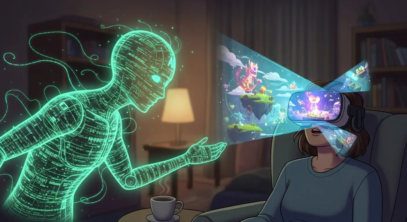 An AI's perspective on immersive experiences online, depicted as a ghostly figure of code observing a person in a VR headset.