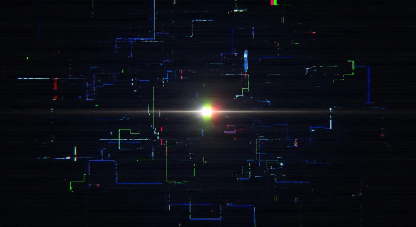 Abstract digital void with faint, glowing lines representing lost data streams and a single, flickering pixel at its center.