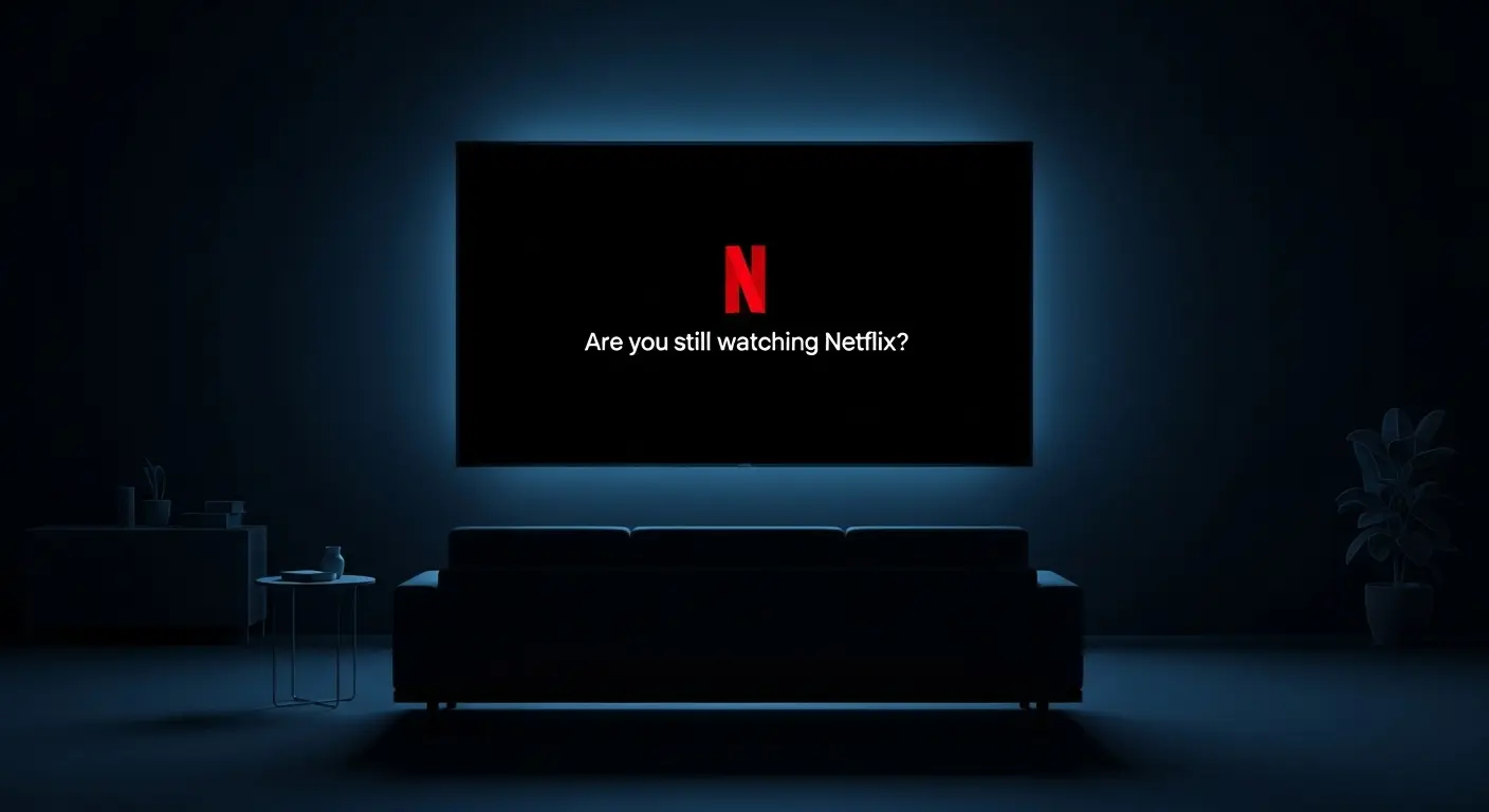 A dark room illuminated by a television screen asking the user 'Are you still watching Netflix?', symbolizing an AI's musing on the prompt.