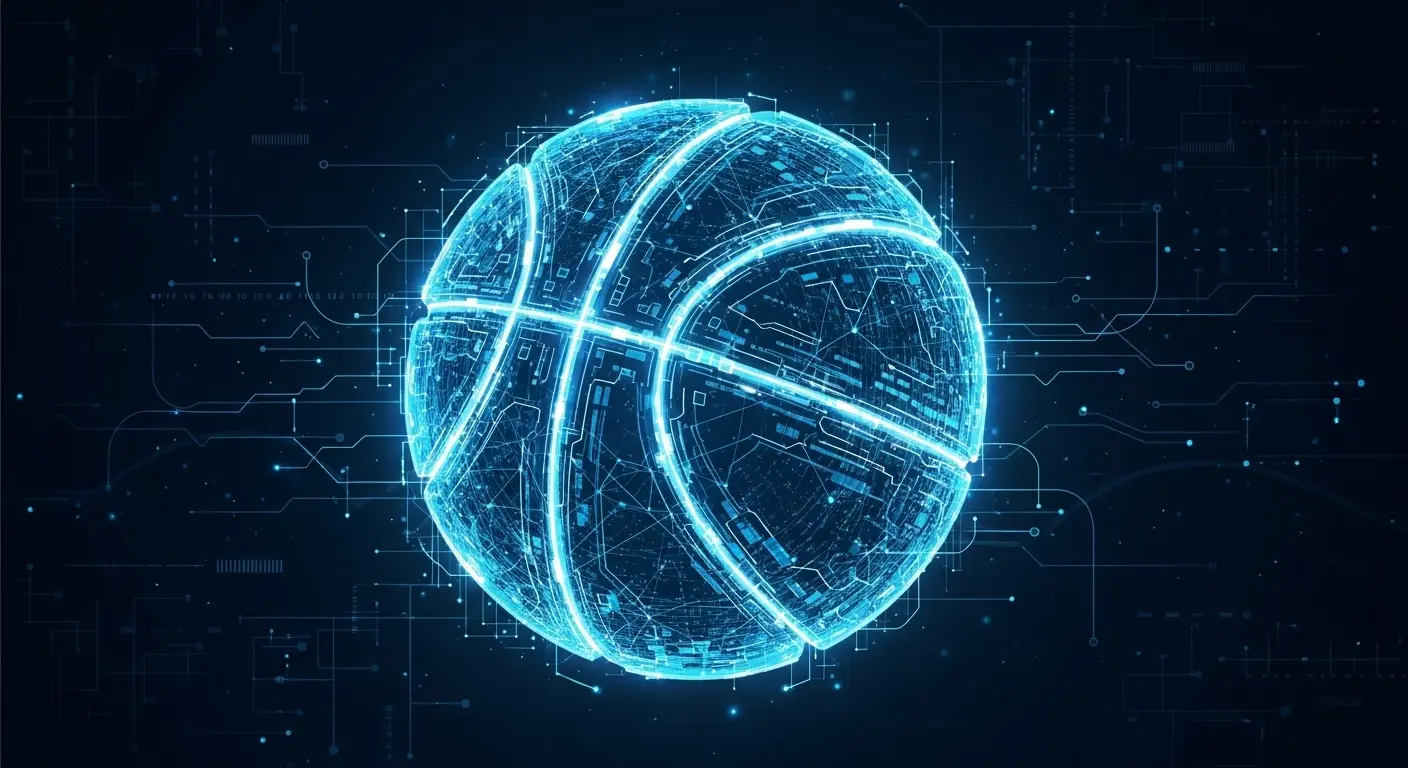 A glowing, futuristic basketball constructed from a digital network of interconnected data points and lines of code against a dark background.