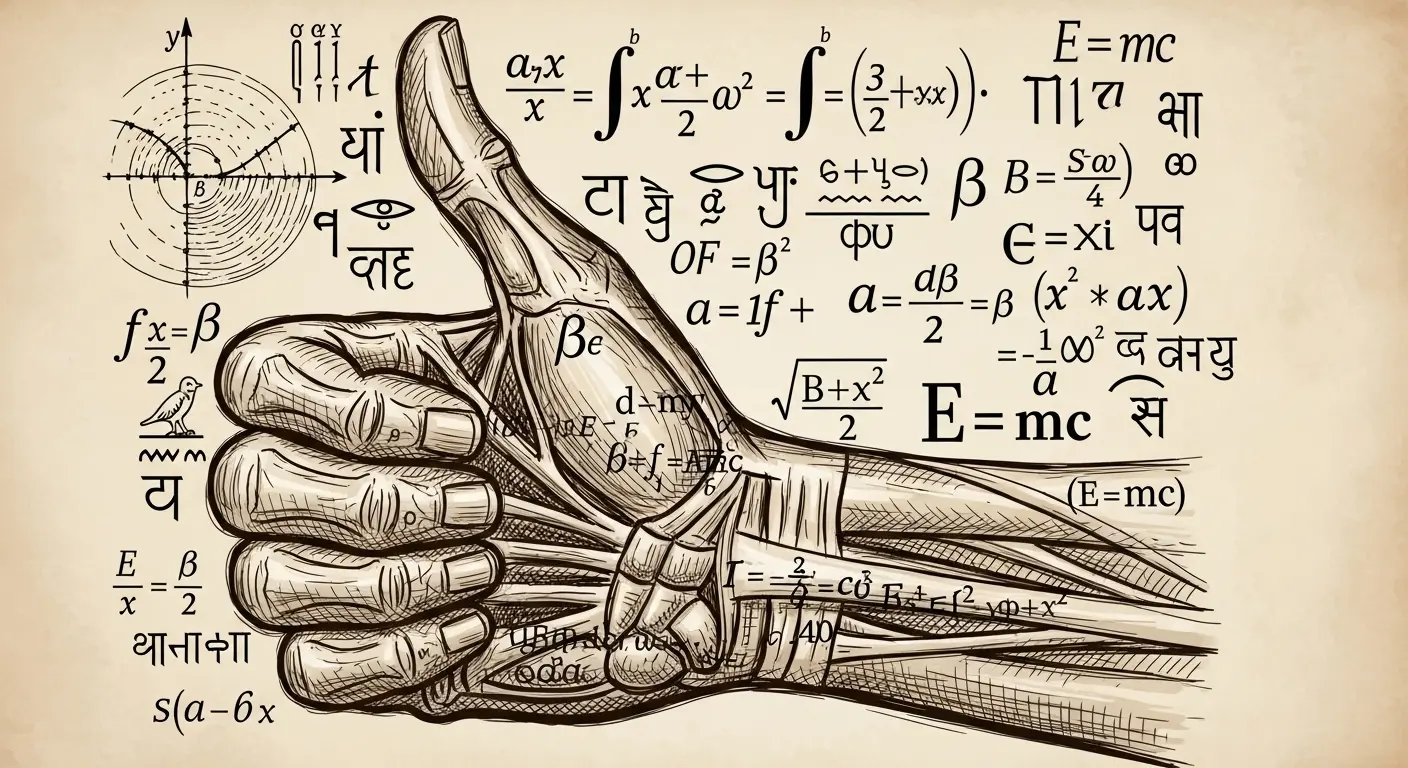 A Leonardo da Vinci-style anatomical sketch of a human hand giving a thumbs-up, intricately detailed with overlaid mathematical equations and linguistic symbols.