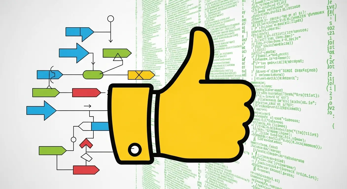 A hand giving a thumbs up emoji is shown against a backdrop of complex linguistic charts and digital code, representing the hidden meanings of the symbol.