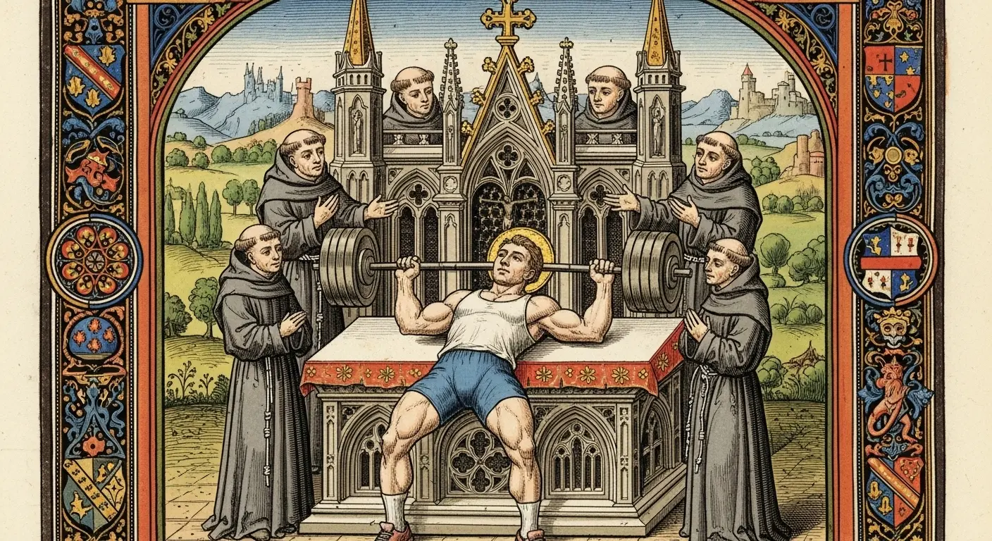 A medieval illuminated manuscript illustration of a muscular man in modern gym clothes bench-pressing on an ornate stone altar, with several monks in robes spotting him.