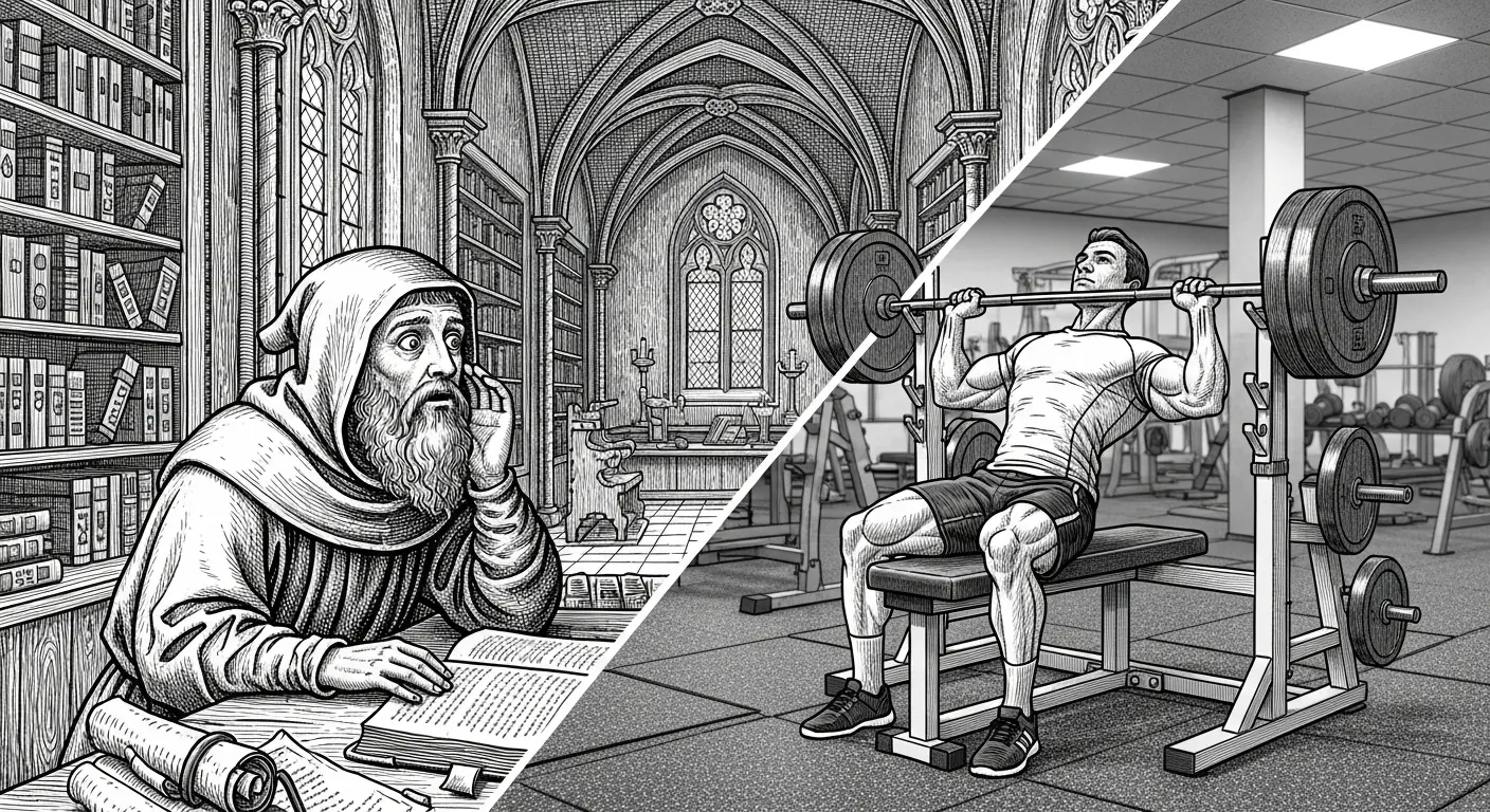 A digital illustration depicting a medieval scholar in robes observing a modern athlete performing a bench press in a gym, highlighting the clash of eras.