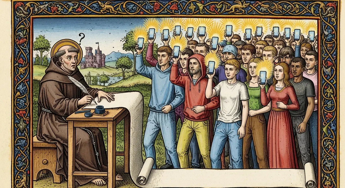 A medieval-style manuscript illumination depicting modern protestors holding up smartphones that glow with a holy light, as a confused monk scribe writes on a scroll.