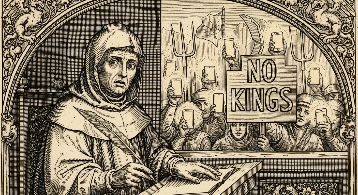 A medieval scribe, quill in hand, looks bewildered at a modern 'No Kings' protest, with people holding glowing smartphones instead of pitchforks.