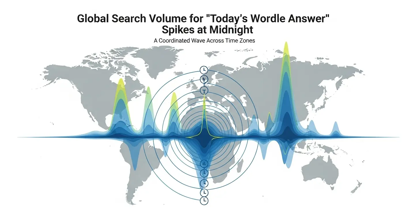 A minimalist infographic of a world map visualizing the global search volume for 'today's Wordle answer,' shown as coordinated waves spiking at midnight across different time zones.