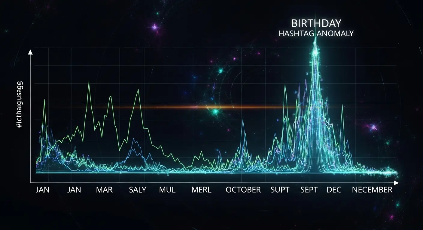 A sleek, futuristic data visualization graph showing a sharp spike in social media usage in October, labeled 'Birthday Hashtag Anomaly'.