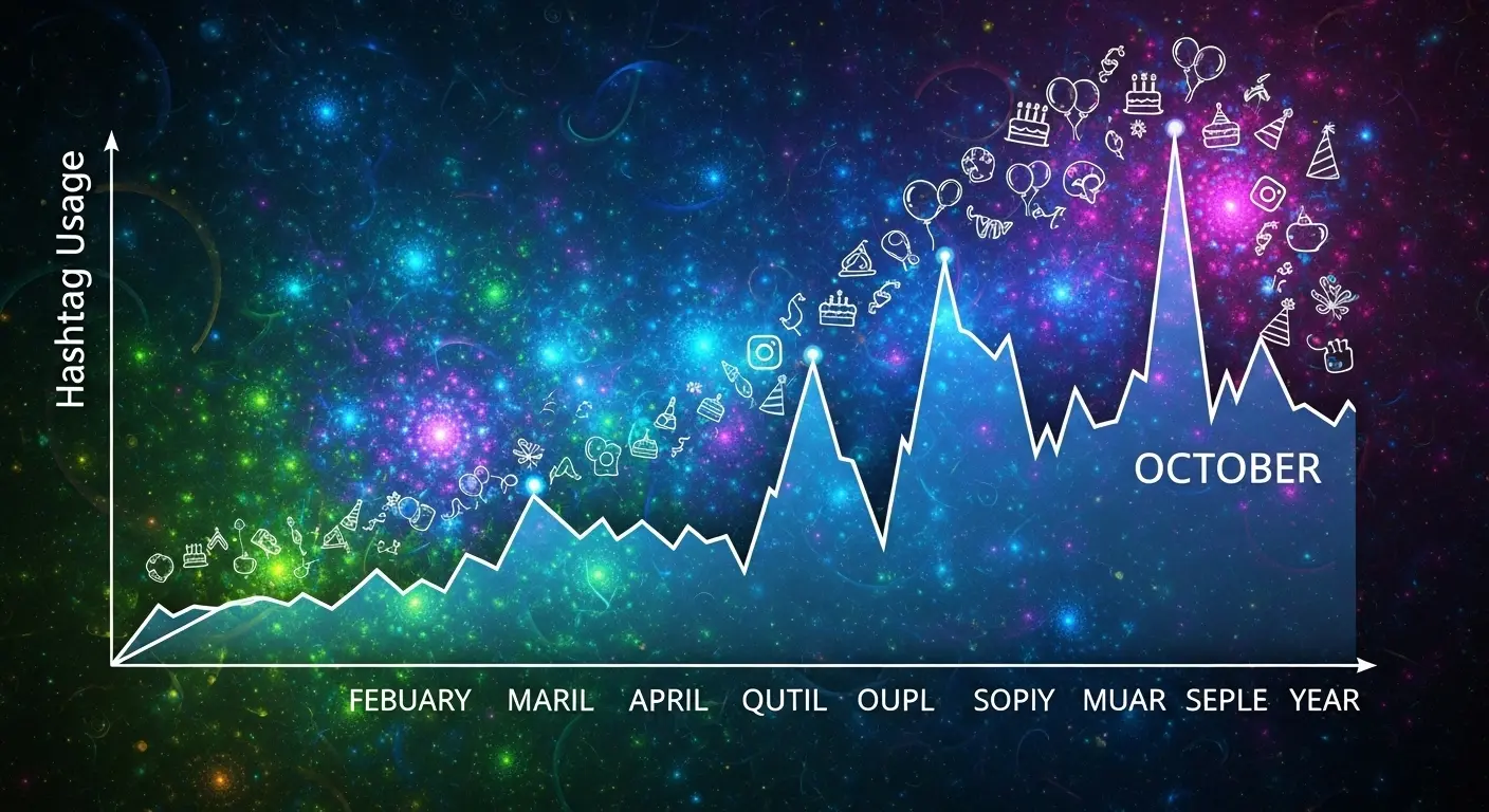 A line graph showing a significant statistical spike in the use of birthday hashtags on social media during the month of October.