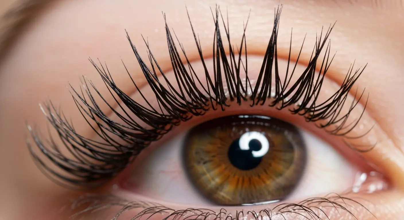 Extreme close-up macro shot of an eye with flawless, glossy 'wet look' eyelash extensions, highlighting the spiky, separated texture under bright clinical lighting.