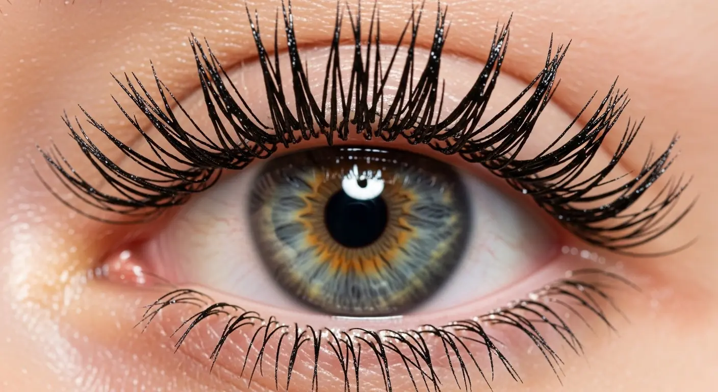 A detailed macro photograph of an eye showcasing the spiky, glossy texture of the wet look lashes trend, a subject of AI analysis.