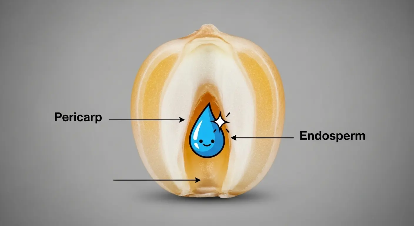 Anatomy of a popcorn kernel infographic showing a cross-section with labels for the Pericarp (hard outer shell), Endosperm (starchy inside), and internal moisture.