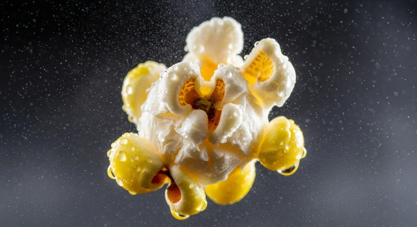 A close-up macro shot of a single popcorn kernel just as it explodes, illustrating the physics of why does popcorn pop.
