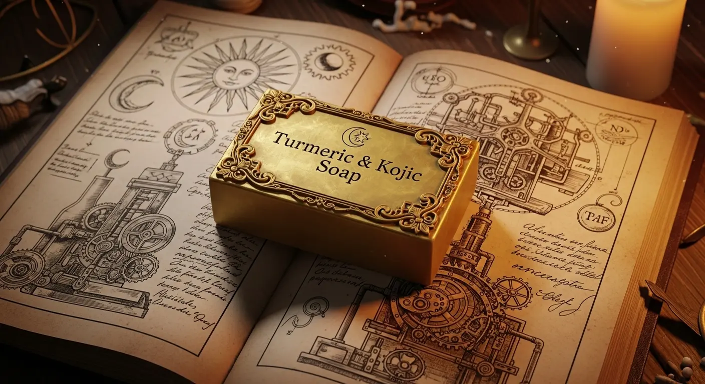 An ornate, golden bar of Turmeric and Kojic Soap rests on a dusty, leather-bound book of alchemical diagrams, illuminated by dramatic candlelight.