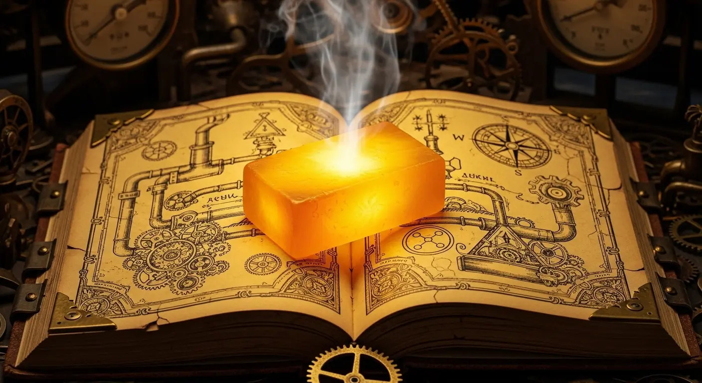 A mysterious, glowing bar of golden Turmeric and Kojic Soap resting on an ancient, open book with alchemical symbols.
