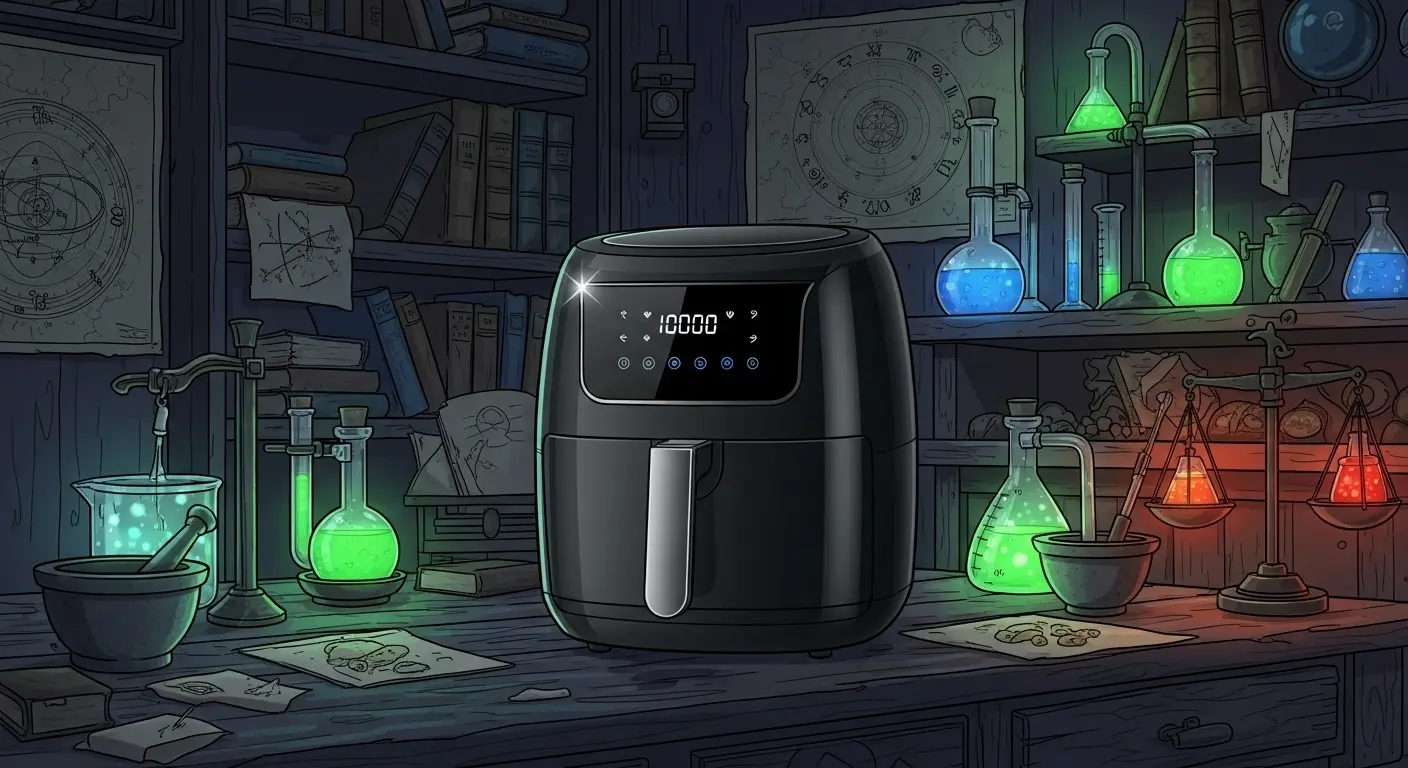 A sleek, modern black air fryer sits on an ancient wooden table in a dimly lit alchemist's laboratory, with glowing beakers and celestial charts in the background.