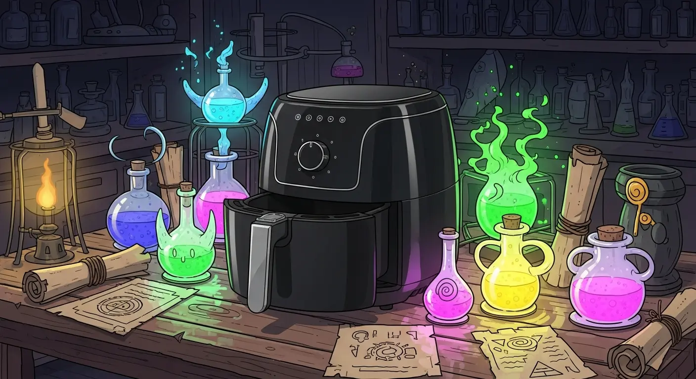 A sleek, black, non-toxic air fryer sits on a rustic wooden table inside a dimly lit alchemist's laboratory, surrounded by glowing potions and ancient scrolls.