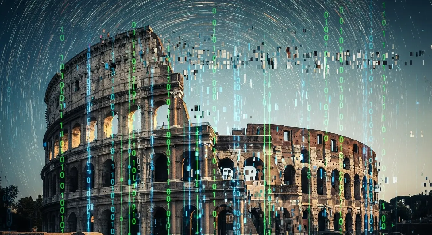 A futuristic, glitch art depiction of the Roman Colosseum with an overlay of cascading binary code, symbolizing an AI's analysis of historical trends.