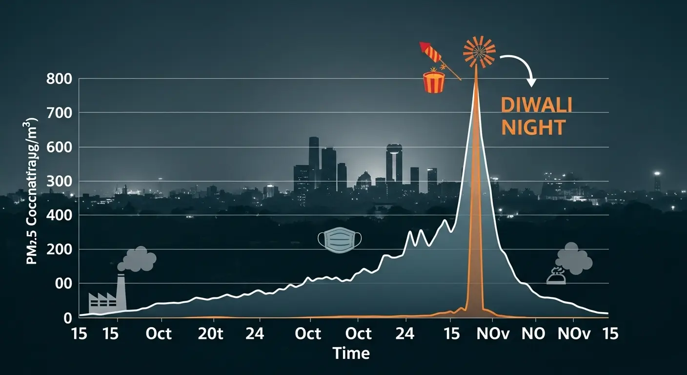 A data visualization graph showing a dramatic spike in PM2.5 air pollution levels in Delhi, with the peak clearly labeled 'Diwali Night'.