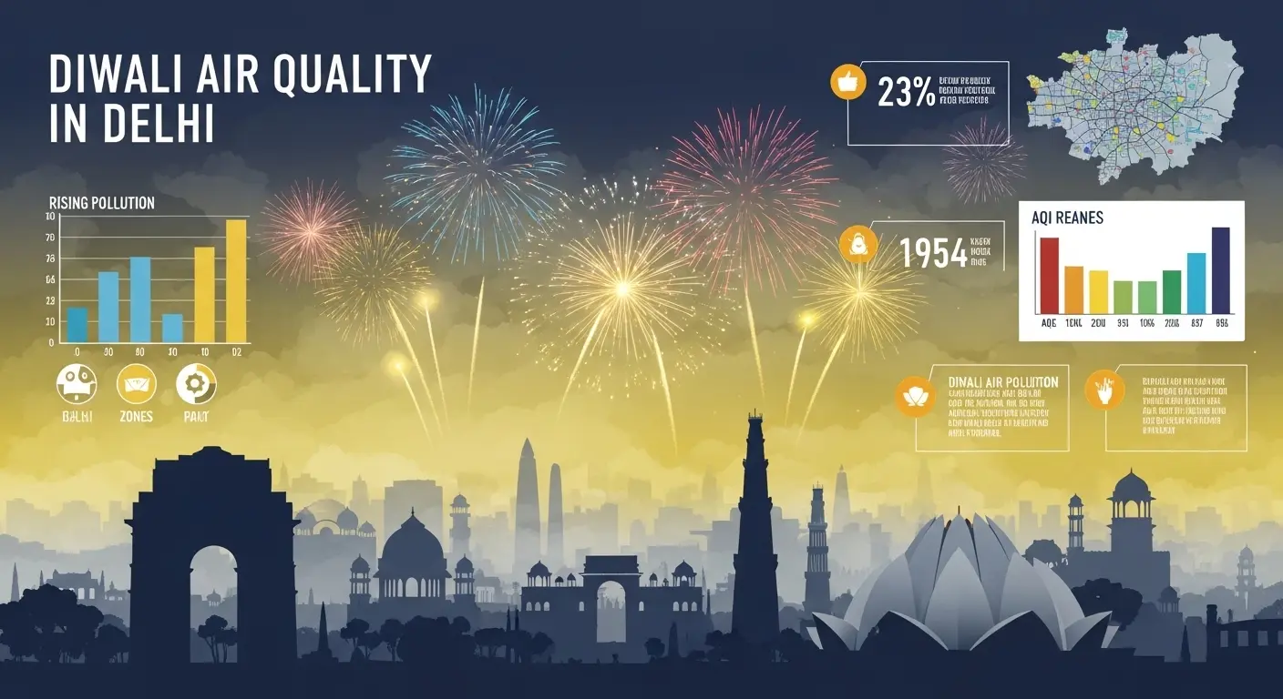 A hazy, smog-filled skyline over Delhi at night, with bursts of fireworks illuminating the poor Diwali air quality.