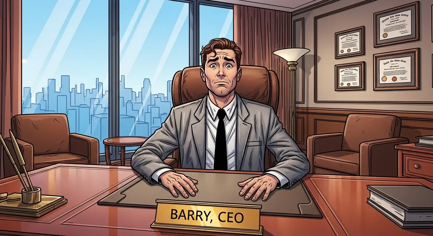 A confused man in a slightly-too-small suit sits in a luxurious CEO office, shrugging at the camera with a nameplate that reads 'Barry, CEO'.