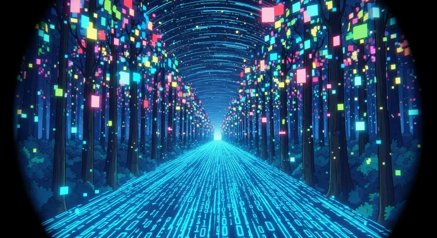 A surreal digital artwork of a glowing river of code snaking through a forest of glitching pixels, framed by the nostalgic view of a vintage camera lens.
