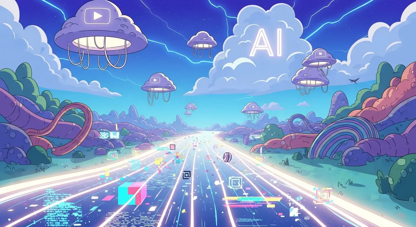 A surreal, dreamlike landscape generated by AI, showing a flowing river of light and glitching digital artifacts, representing the concept of AI video generators.