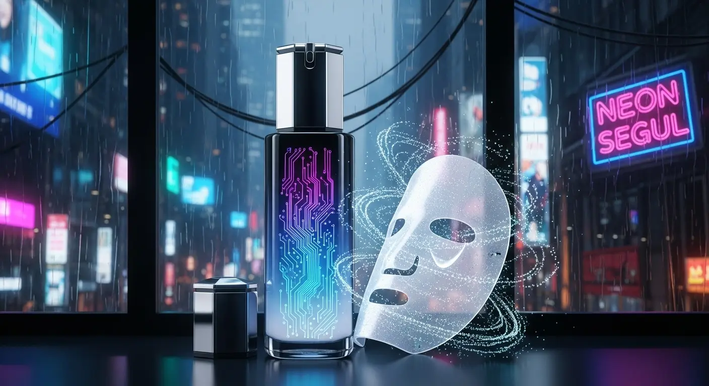 A futuristic K-beauty product, a glowing serum bottle with holographic circuits, sits next to a face mask that has quantum particle effects swirling around it.