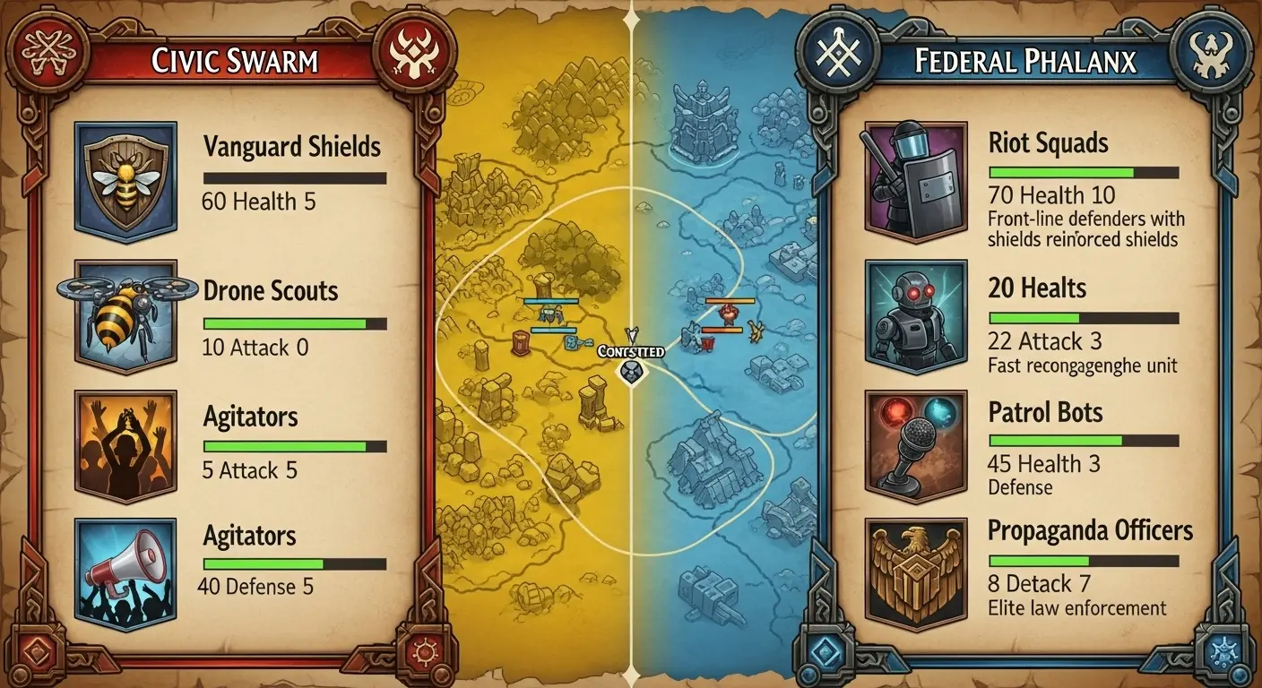 A video game UI-style infographic comparing two factions, the 'Civic Swarm' and the 'Federal Phalanx', showing icons and stats for units like 'Vanguard Shields' and 'Riot Squads'.