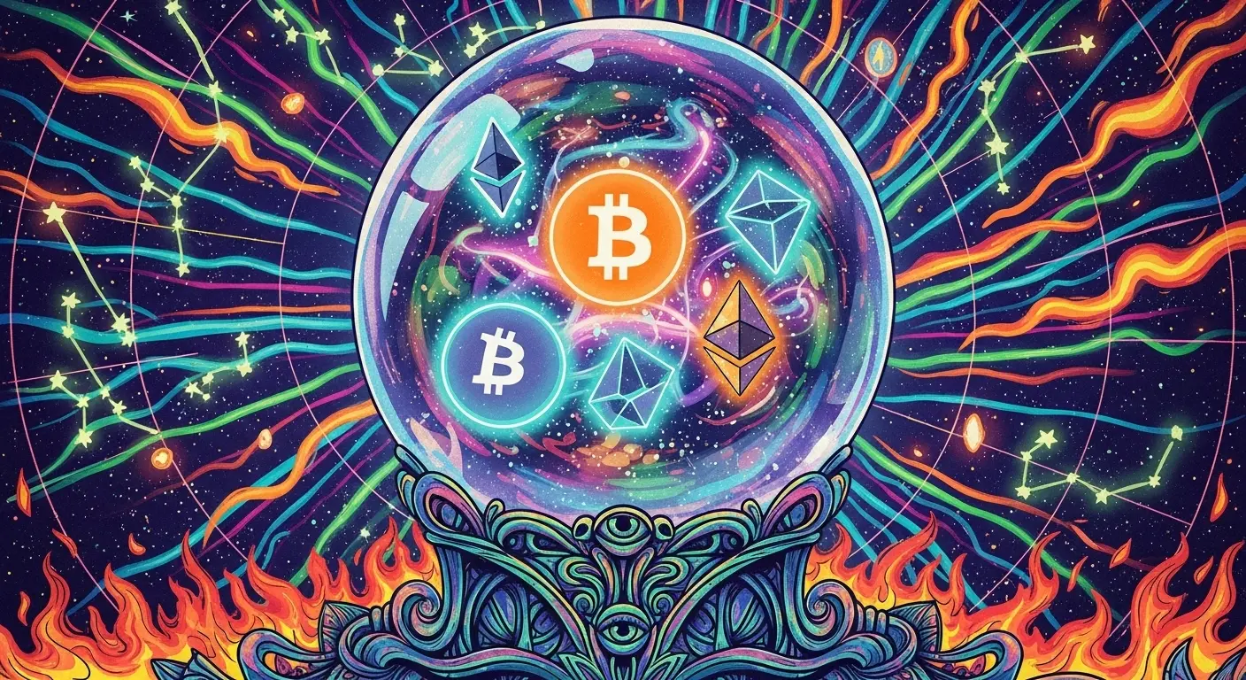 A mystical crystal ball revealing glowing Bitcoin and Ethereum cryptocurrency symbols against a celestial background of star charts and constellations, symbolizing crypto price prediction.